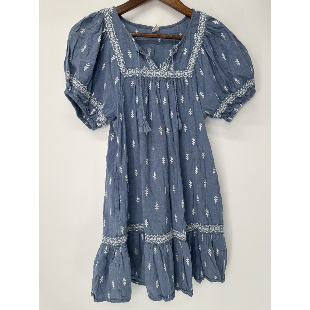 Old Navy Blue Boho Peasant Dress cottagecore embroidered tassel festival boho XS